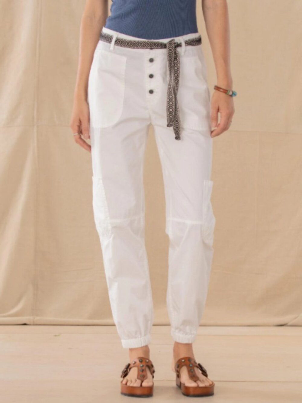 Sundance White Cargo Joggers with Patterned Tie Belt